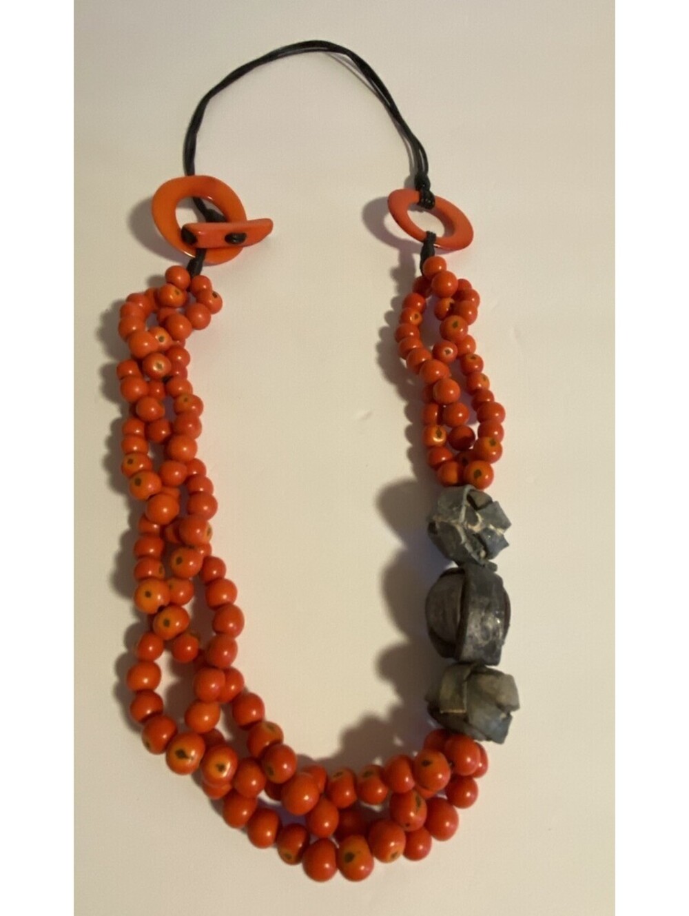 Vibrant Orange Wooden Beaded Necklace with Textured Gray Tribal Boho Hippie